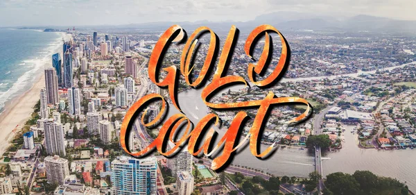 Gold Coast elegant lettering over aerial landscape of  Gold Coast city and Nerang river in Queensland, Australia