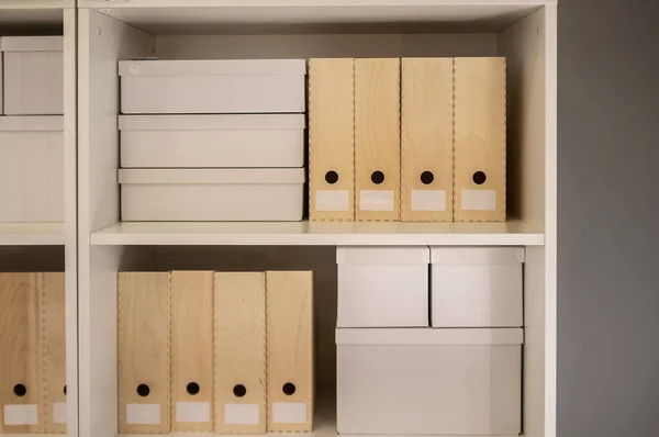 Document Archive Folders White Boxes Wooden Shelves — Stock Photo, Image