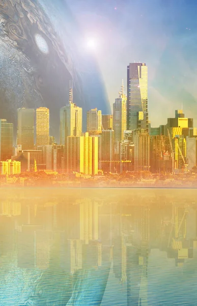Science Fiction Bok Cover Mall Modern Megapolis Skyline Och Enorma — Stockfoto