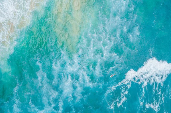 Surfer Rowing His Surfboard Ocean Waves Aerial View Copy Space — Stock Photo, Image