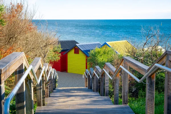 Stairs Leading Colorful Famous Beach Huts Brighton Beach Melbourne Australia — Stock Photo, Image
