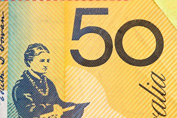 Australský Dolar Bankovka Fragment Detailní Záběr Zobrazující Číslo Padesát Žlutém — Stock fotografie