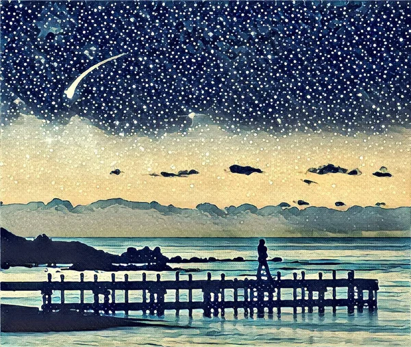 Fantasie Illustration Kunstwerk Landschaft Silhouette Einer Frau Fuß Auf Pier — Stockfoto