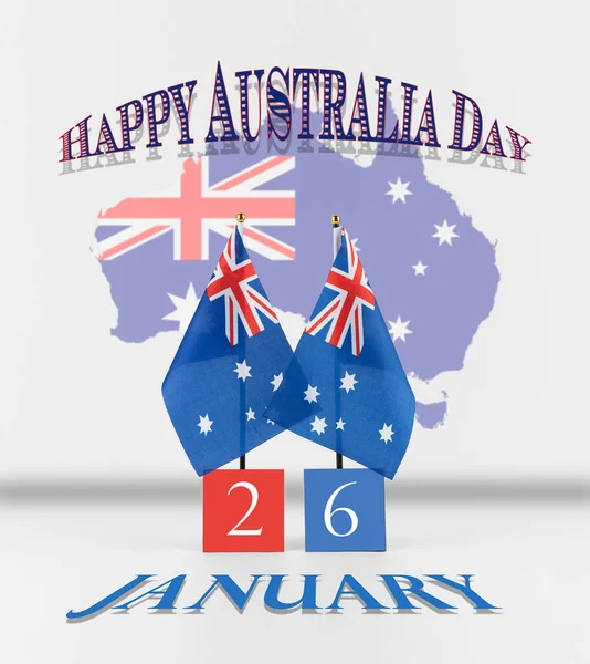 Saudações Dia Austrália Duas Bandeiras Mesa Australianas Com Data Mapa — Fotografia de Stock