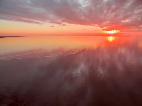 Vue Aérienne Coucher Soleil Rouge Orange Vif Dessus Océan Rien — Photo