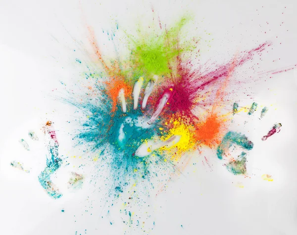 Hand Imprints Colorful Holi Powder Happy Holi Concept — Stock Photo, Image