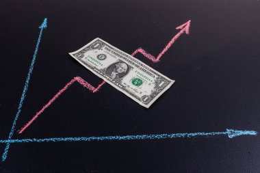 Tahtaya tebeşirle çizilmiş 1 dolarlık banknot ve perspektif olarak kopyalama alanı. Maliye ve öngörü yükselme eğilimi kavramı