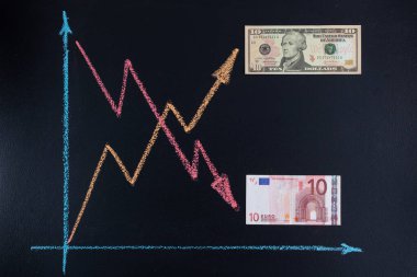 Eski para birimi trendleri kavramı - USD artarken EUR 'nun düşmesi. Tahta çizgi grafiği ve kağıt para birimi ile gösterilmiştir.