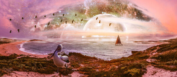 Парусник в океане с пеликаном на берегу и чужая планета на горизонте на закате - фантазийный пейзаж. Элементы этого изображения предоставлены НАСА
