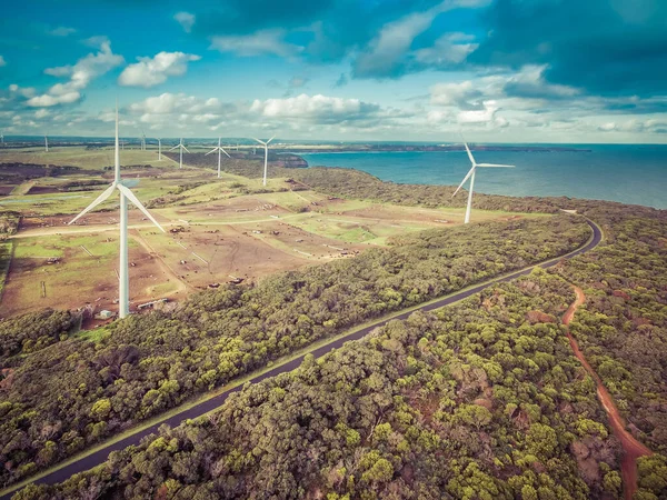 Повітряний Вид Вітрову Електростанцію Океанські Сільськогосподарські Поля Австралії Зображення Має — стокове фото