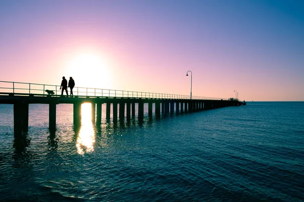 Pareja Con Siluetas Perro Muelle Madera Atardecer —  Fotos de Stock