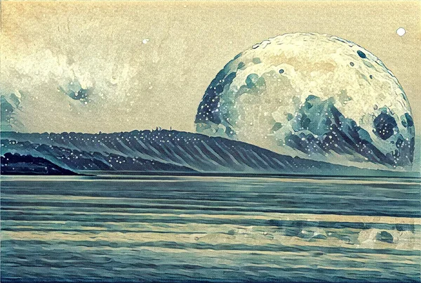 Illustrazione Fantasy Paesaggio Pianeta Alieno Enorme Luna Riflette Nell Oceano — Foto Stock
