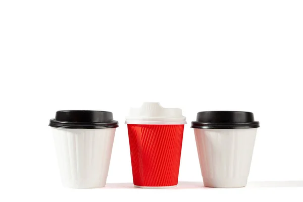 Tres Tazas Café Blanco Plástico Aisladas Blanco Con Espacio Copia —  Fotos de Stock