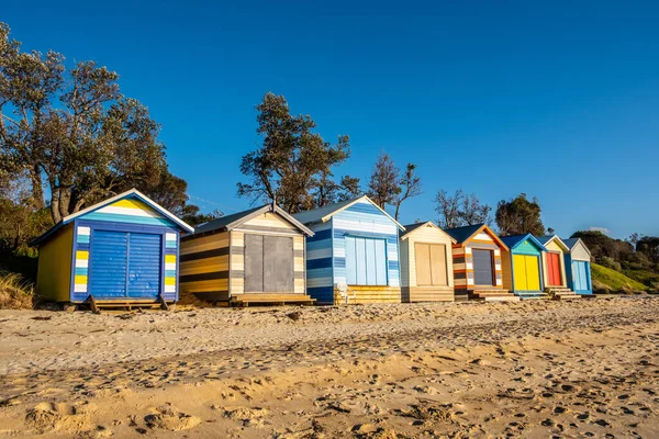 Kolorowe Domki Plaży Piasku Wybrzeża Dromana Melbourne Australia — Zdjęcie stockowe