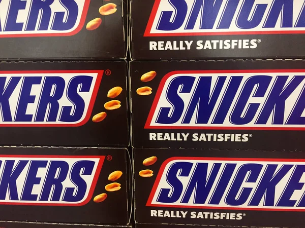 Melbourne Australia June 2018 Stacks Snickers Chocolate Candy Bars Closeup — Stock Photo, Image
