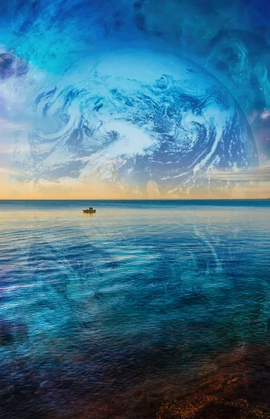 Fiction book cover template - lonely fishing boat floating on tranquil ocean water with planet and galaxy in the skies. Elements of this image are furnished by NASA