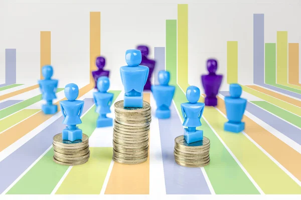 Male Female Figurines Standing Top Coin Piles Other Figurines Background — Stock Photo, Image