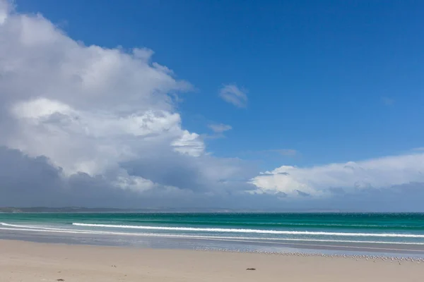 White Sand Beautiful Ocean Beach Stormy Clouds Blue Sky Stock Picture