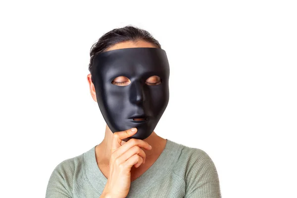 Kaukasische Frau Mit Geschlossenen Augen Und Schwarzer Maske Isoliert Auf — Stockfoto