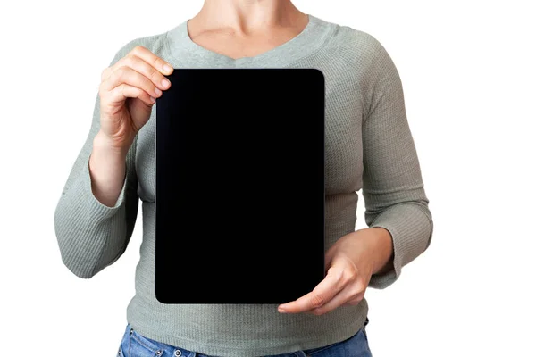 Mujer Sosteniendo Tableta Orientación Vertical Con Espacio Copia —  Fotos de Stock