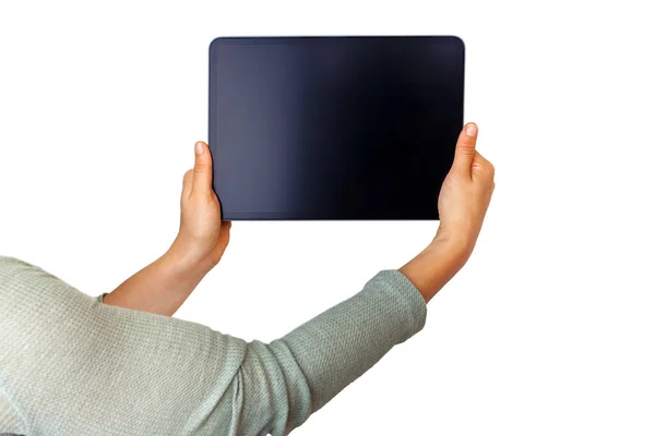Manos Mujer Sosteniendo Tableta Con Espacio Copia Aislado Sobre Fondo —  Fotos de Stock