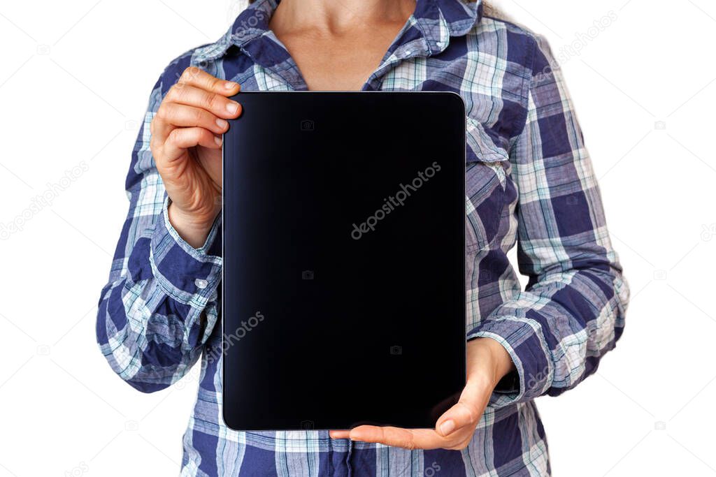 Woman holding black tablet with copy space