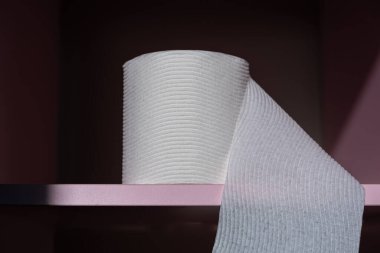 Pembe raftaki desenli tuvalet kağıdı rulosu - fotokopi alanı ile yakın plan