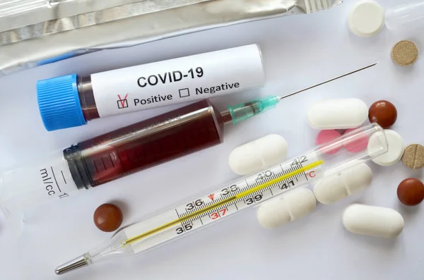 Blood Samples Disposable Syringe Test Tube Positive Test Result Covid — Stock Photo, Image