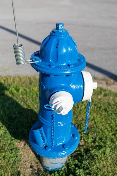Colorful Blue and white Fire Hydrant used for supplying high volume of water with negative space at top