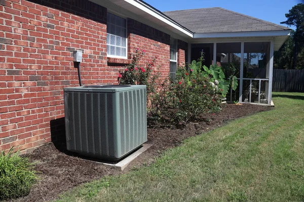 Air Conditioner System Next Home Modern Clean Bushes Brick Wall — Stock Photo, Image