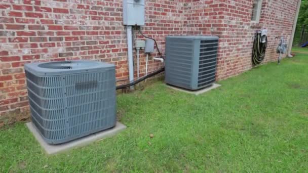 Camera Moves View Two Air Conditioner Units Next Brick House — Stock Video