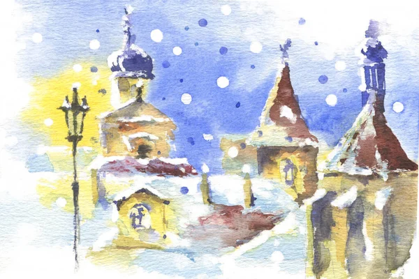 Romantic winter mood in european old town. Snow, roofs, closy street and lights