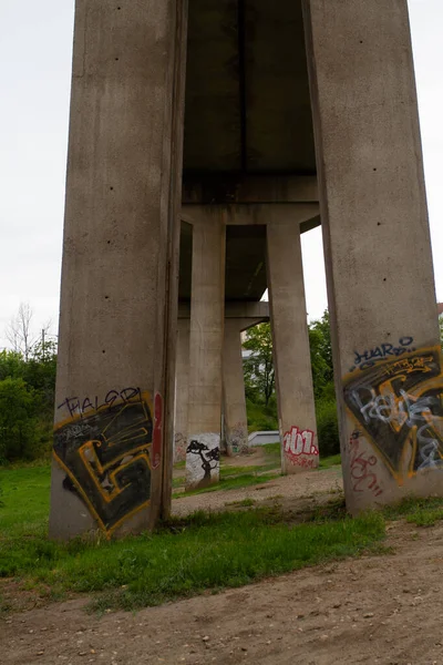 architecture of the railway cement bridge and its green surroundings in Prague in the Czech Republic