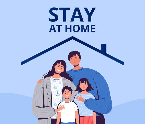 Poster urging you to stay home to protect yourself from the new COVID-2019 coronavirus. A family with children is sitting in quarantine at home. — Stock Vector