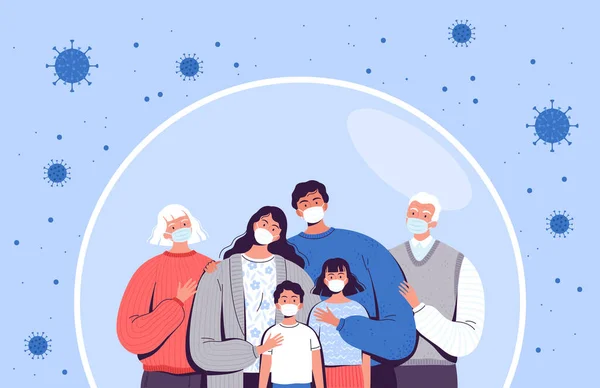 La famille dans les masques médicaux se tient dans une bulle protectrice. Adultes, personnes âgées et enfants sont protégés contre le nouveau coronavirus COVID-2019 — Image vectorielle