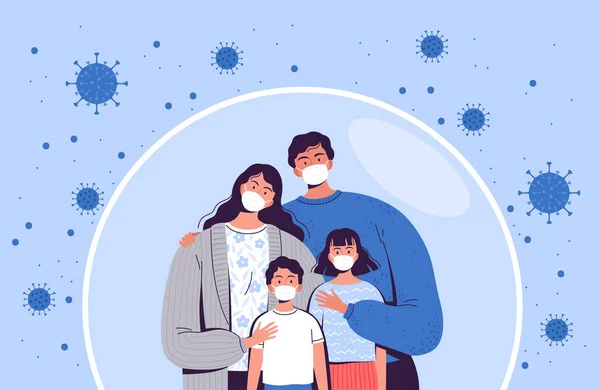 Familia en máscaras médicas se encuentra en una burbuja protectora. Adultos y niños están protegidos del nuevo coronavirus COVID-2019 — Vector de stock