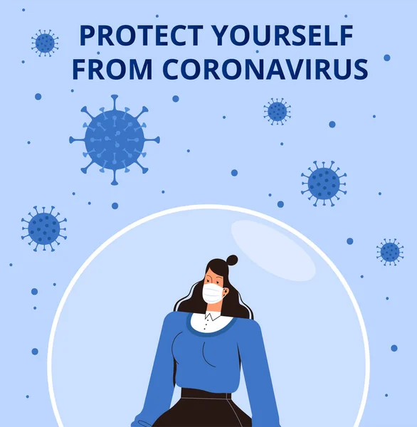 Coronavirus Protection Poster 2019-nCoV. Una joven con una máscara médica se encuentra dentro de una burbuja protectora y se protege de un nuevo virus. Concepto de la lucha contra COVID-2019 — Vector de stock