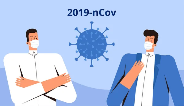 Zwei junge Männer in medizinischen Masken stehen und betrachten das neue Coronavirus 2019-nCoV. CoVID-2019 Virenbekämpfungskonzept — Stockvektor