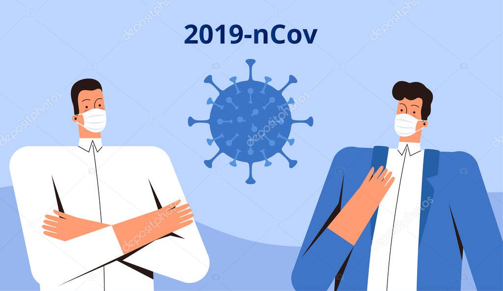 Two young men in medical masks stand and look at the new coronavirus 2019-nCoV. CoVID-2019 virus control concept