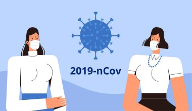 Tıbbi maskeli iki genç kadın ayağa kalkıp 2019-NCoV Coronavirus 'a bakıyorlar. CoVID-2019 virüs kontrol kavramı