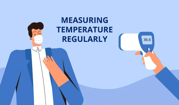 Un joven con una máscara médica protectora mide la temperatura con un termómetro remoto. Póster que le pide que revise su temperatura regularmente. Concepto de control del virus COVID-2019 — Vector de stock