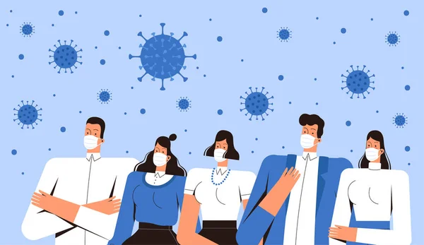 Grupo de pessoas em máscaras médicas olha para o 2019-nCoV coronavírus voando no ar. Jovens e jovens enfrentam o novo vírus. O conceito de combate ao COVID-2019 — Vetor de Stock