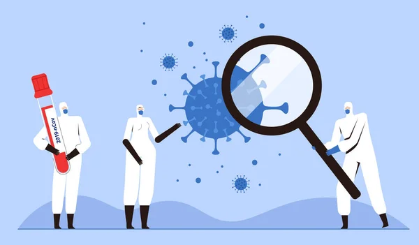 A team of doctors in protective suits is studying blood samples and the new 2019-nCoV coronavirus. COVID-2019 virus control concept — Stock Vector