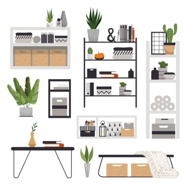 İskandinav tarzında modern raflar, raflar, masalar ve komodinlerin seti. Rahat bir iç mekan için minimalist mobilyalar. Vektör illüstrasyonu