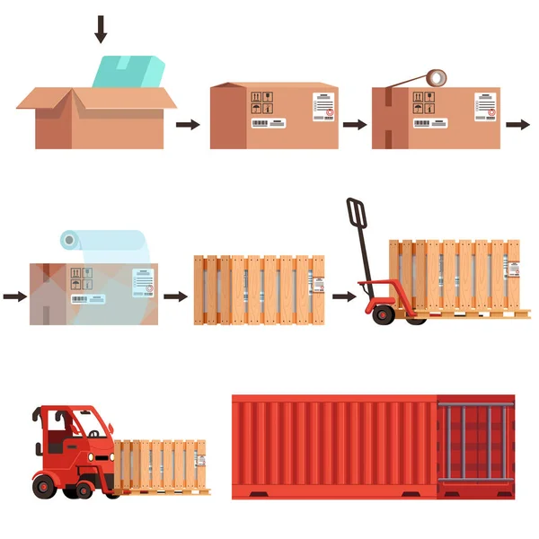 Verschillende stadia van het verzenden van de goederen van het pakket naar het vervoer in de container. — Stockvector