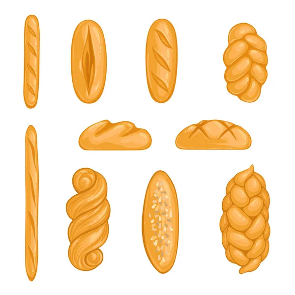 Conjunto de produtos de padaria. Pão, pão, hala, baguete em estilo cartoon —  Vetores de Stock