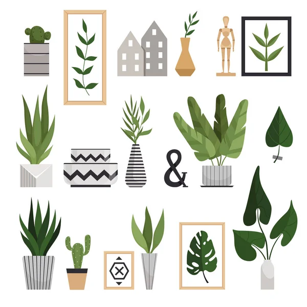 Ensemble de plantes d'intérieur dans des vases géométriques élégants et monstère, cactus, aloe vera. Décorations de style scandinave . — Image vectorielle