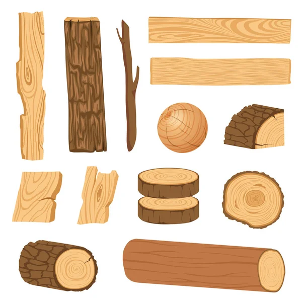 Ensemble d'icônes de planches, barres et parties d'arbre en bois texturé . — Image vectorielle