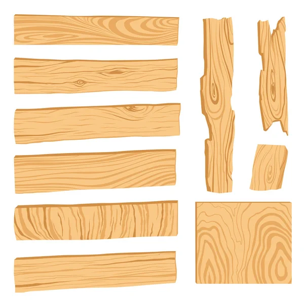 Uppsättning ikoner av texturerade träskivor, barer och delar av ett träd. — Stock vektor