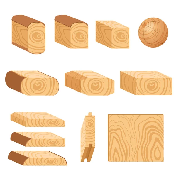 Conjunto de iconos de tableros de madera texturizada, barras y partes de un árbol . — Vector de stock